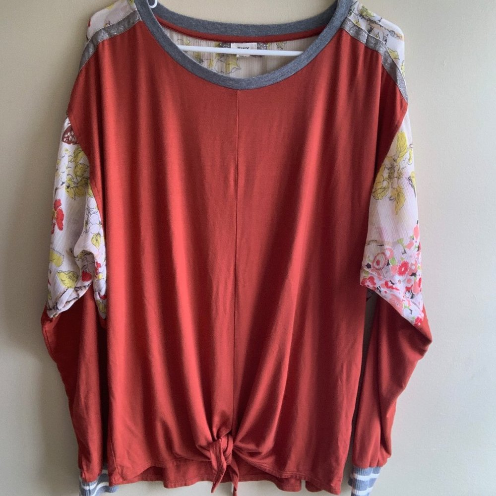 Anthropologie Floral and Orange Long Sleeve Tie Front Shirt